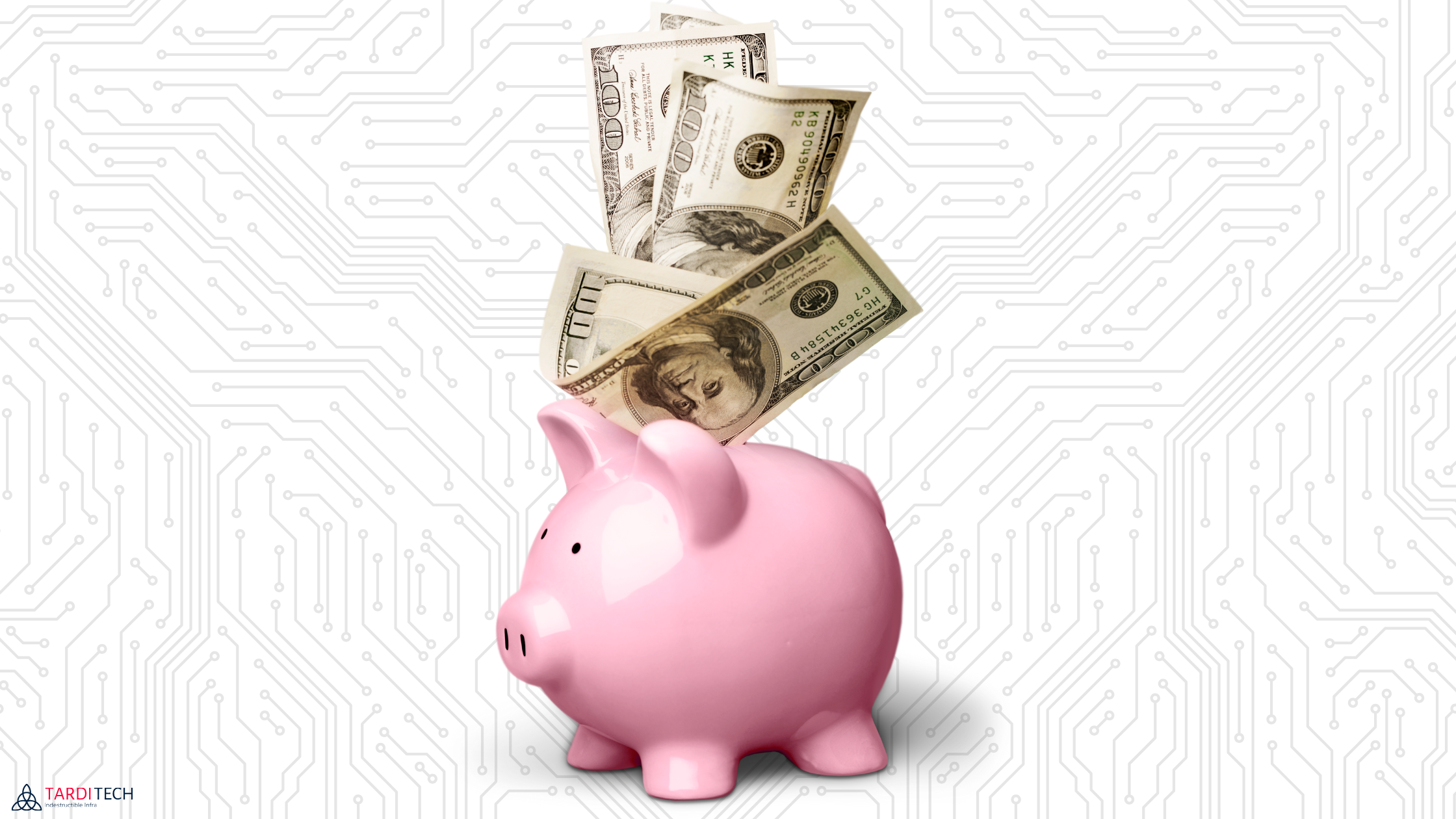 Piggy bank with money and circuit background