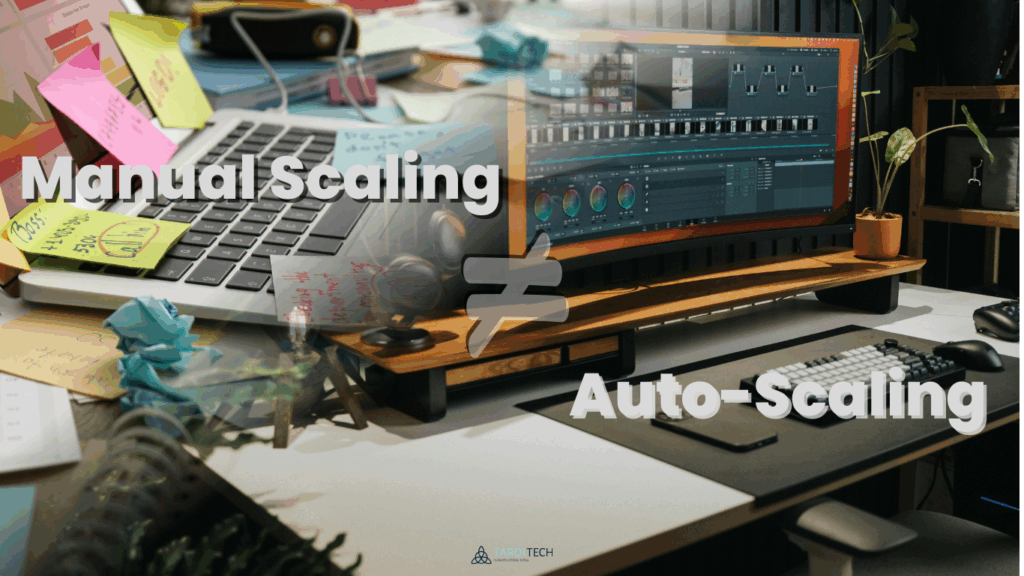 Comparison of manual scaling versus Kubernetes auto-scaling, shown with a cluttered messy desk on the left and a clean organized desk on the right.