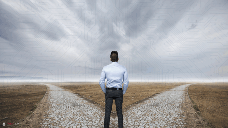 A person standing at a crossroads under a cloudy sky, symbolizing strategic choices in cloud and infrastructure management.