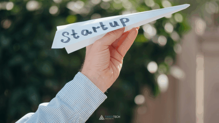Person launching a paper airplane labeled ‘STARTUP,’ symbolizing scalable growth and the power of CloudOps in helping startups move fast and control cloud costs.