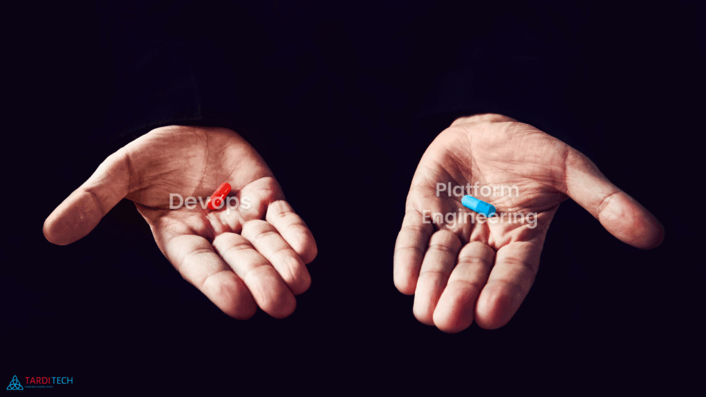 Two open hands offering choices labeled “DevOps” and “Platform Engineering,” symbolising decision-making in modern infrastructure.