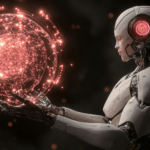 Robot holding a glowing circuit sphere symbolising AI-powered FinOps transformation in 2026.