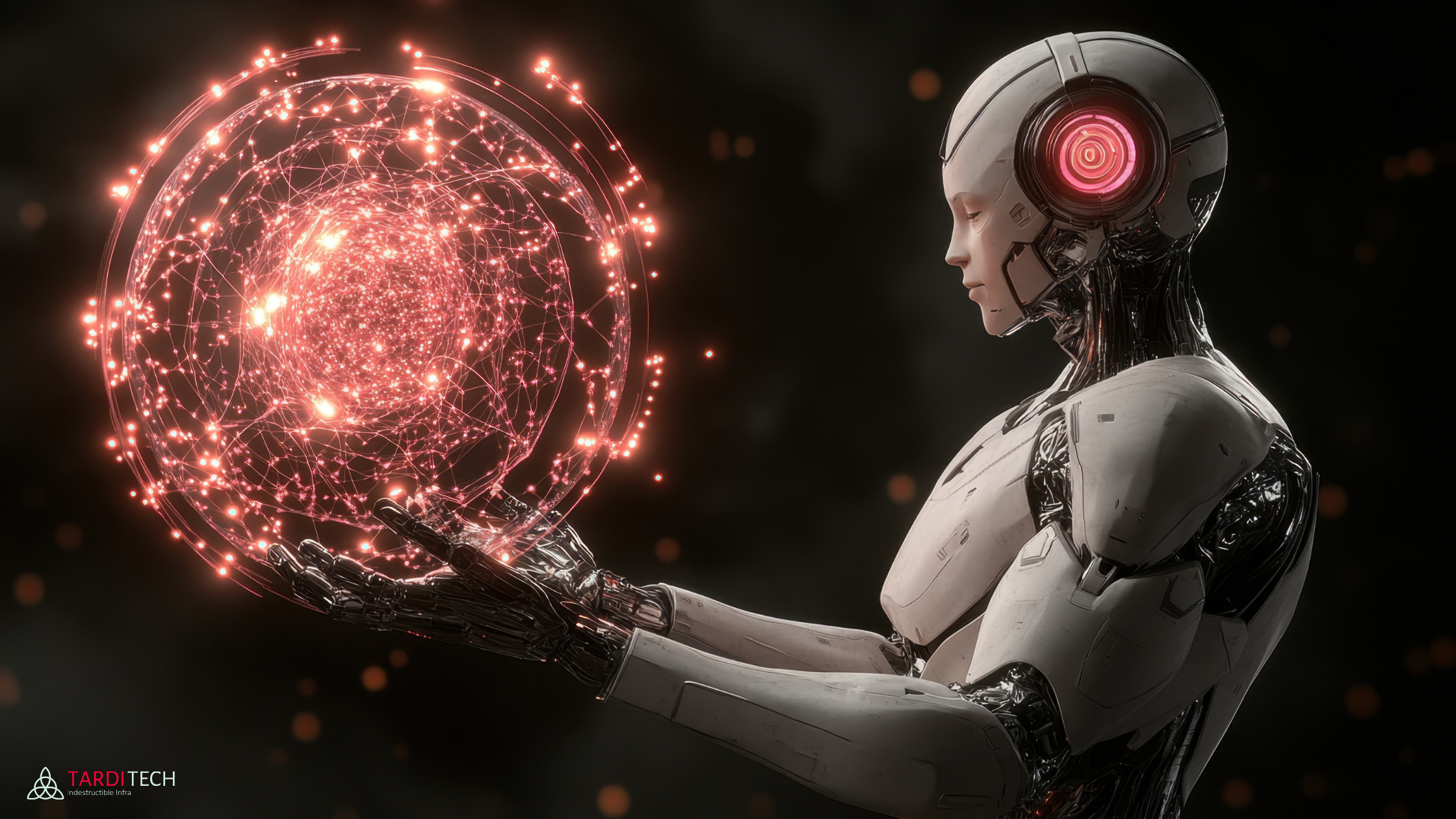 Robot holding a glowing circuit sphere symbolising AI-powered FinOps transformation in 2026.