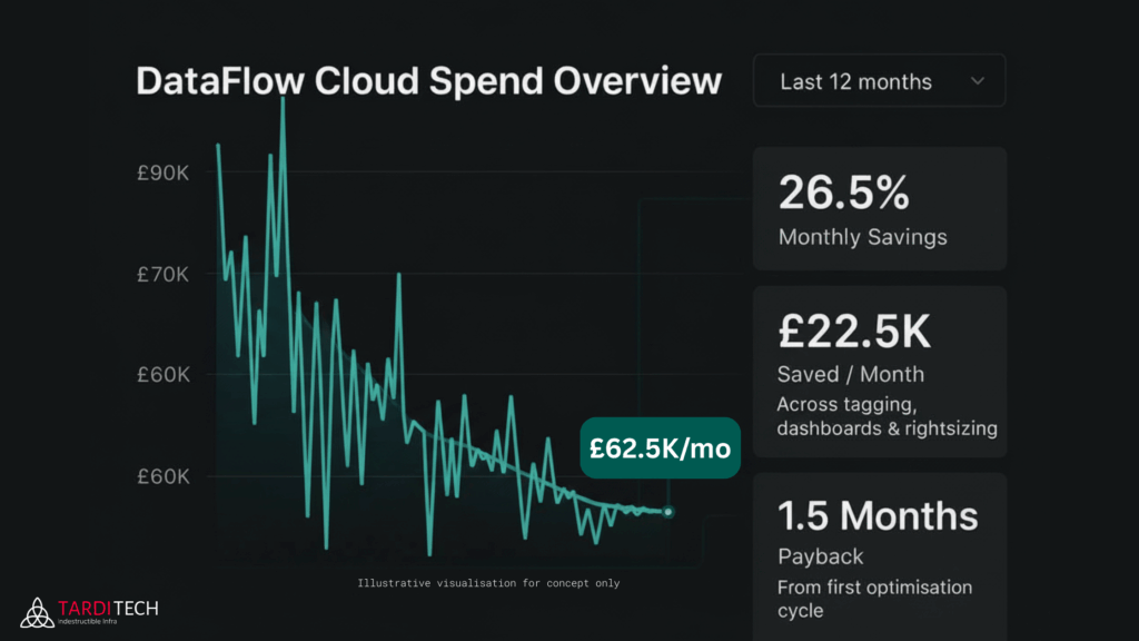 Cloud spend graph showing costs dropping from £85K to £62.5K over 12 months, highlighting 26.5% savings and a 1.5-month payback.