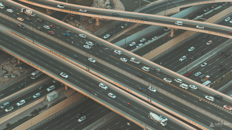 Multi-layer highway interchange showing complex traffic flow, representing how system architecture and workload placement shape cloud cost and performance.