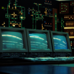 Dark control room with active monitoring screens representing cloud workload placement decisions that continue running as assumptions age.