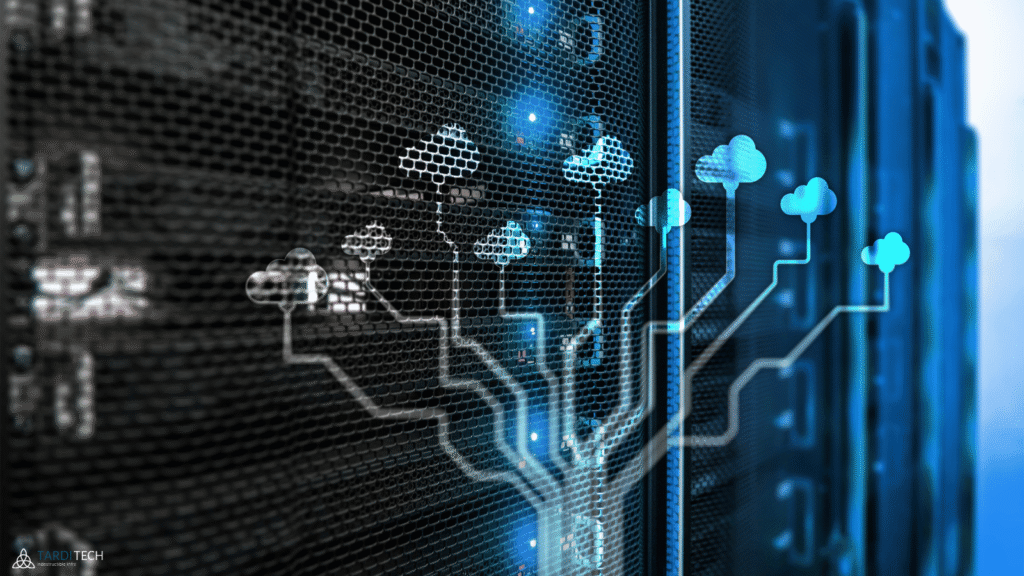 Server racks connected to cloud icons, representing automated cloud infrastructure in DevOps