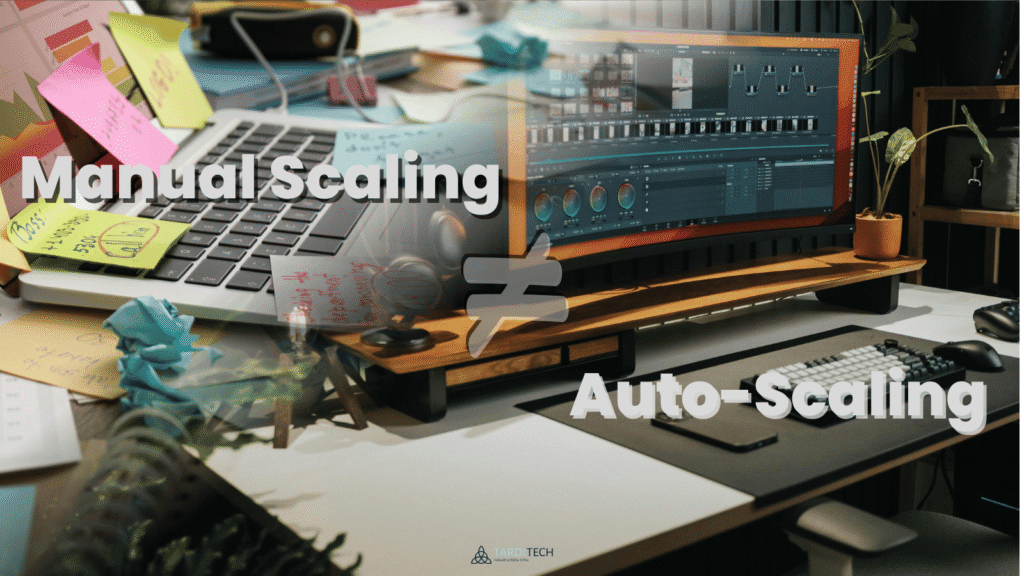 Comparison of manual scaling and Kubernetes autoscaling, shown through cluttered and organised workspaces