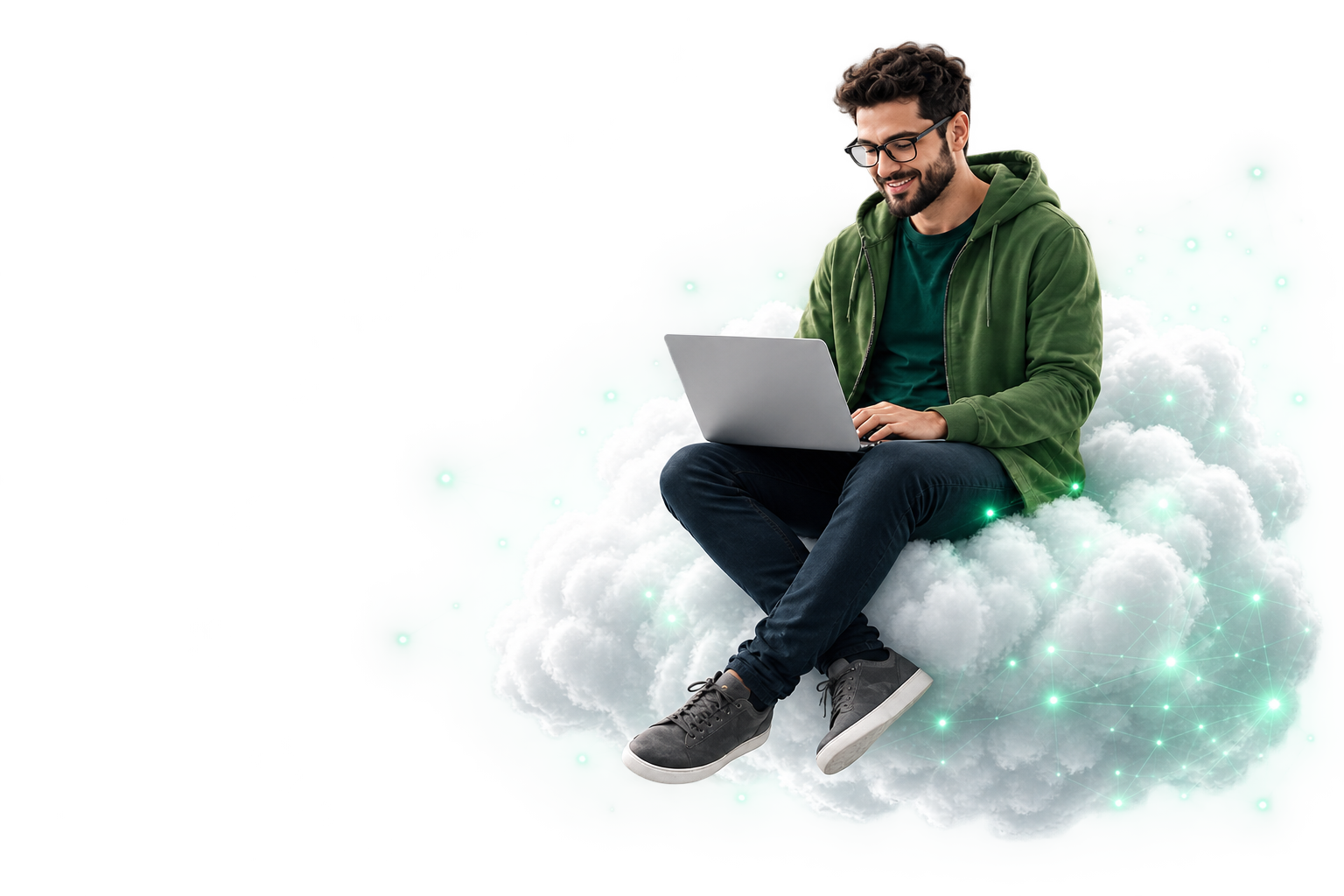 Professional working on a laptop in the cloud, representing TardiTech cloud infrastructure, DevOps and AI automation services