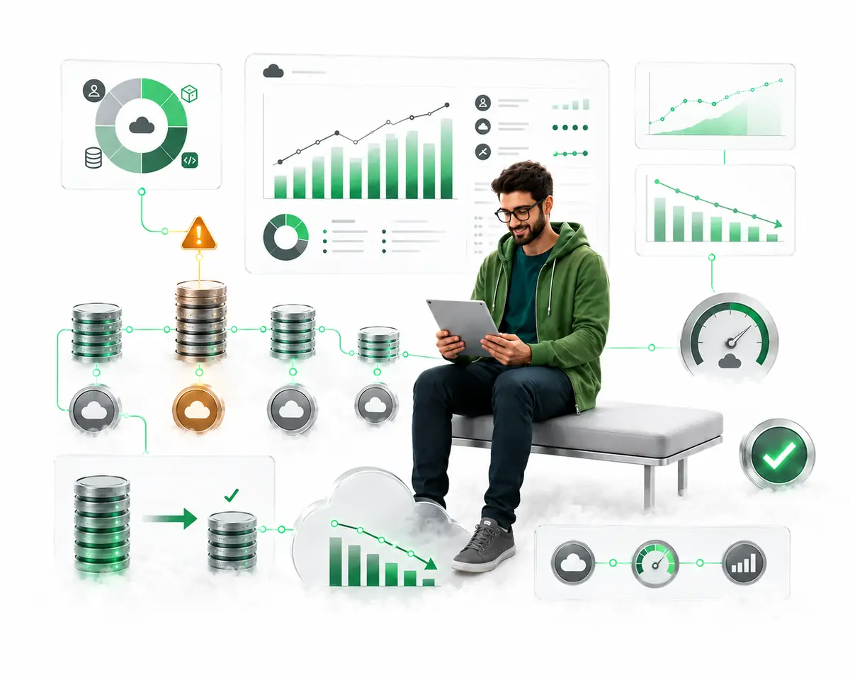 FinOps consultant reviewing cloud cost optimisation dashboards