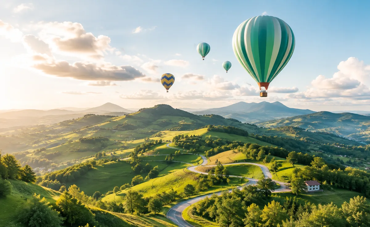Photorealistic landscape with hot air balloons representing TardiTech’s journey, growth and practical approach to technology