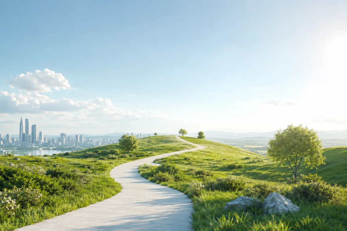 Bright landscape with a winding path representing TardiTech’s approach to practical technology and long-term business growth