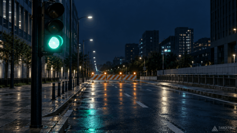 Green traffic light facing a closed road, representing automation that is running but no longer producing the right outcome