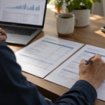 Person comparing two billing statements beside a laptop displaying cost data.