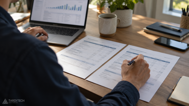 Person comparing two billing statements beside a laptop displaying cost data.
